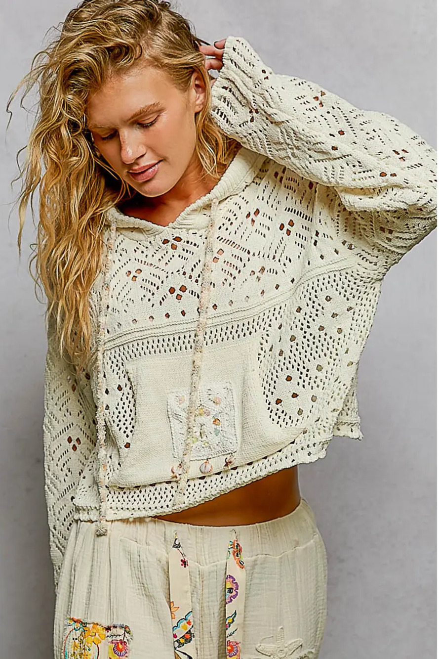 POL Cream Crochet Open Knit Hooded Sweater Floral Beaded Boho Pullover M